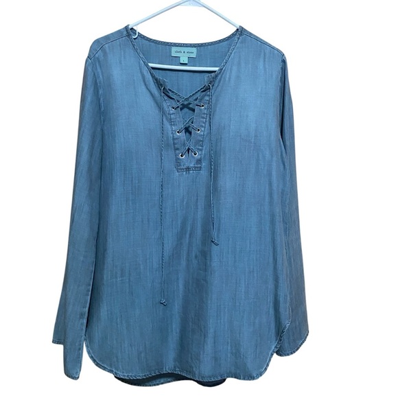Cloth & Stone Anthropologie Large Blue Chambray Tunic Top with Lace Up Detail. - Picture 1 of 8